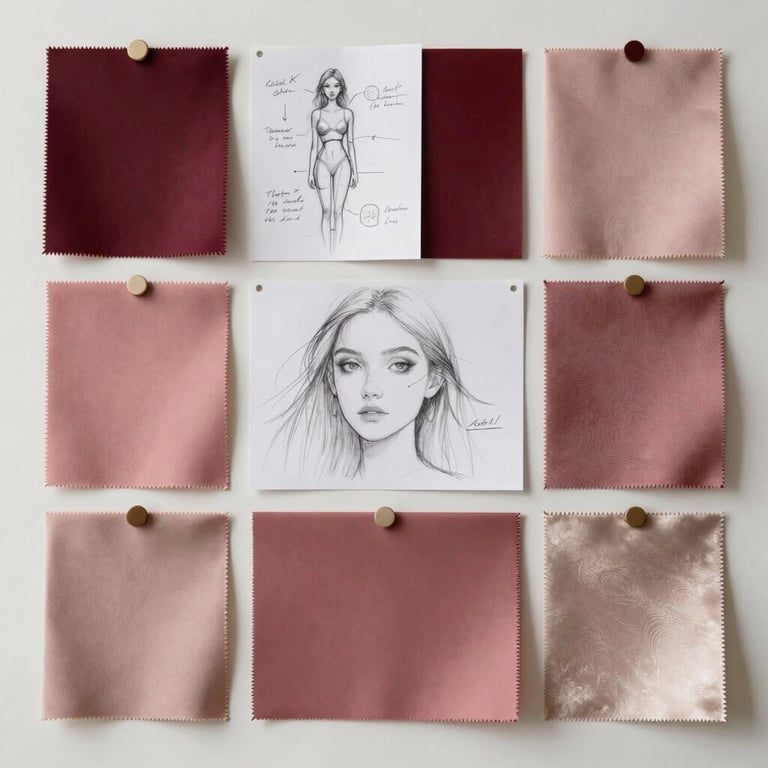 A professional design studio featuring modern mood boards with sketches, fabric swatches in deep rose and champagne, and a high-end aesthetic.