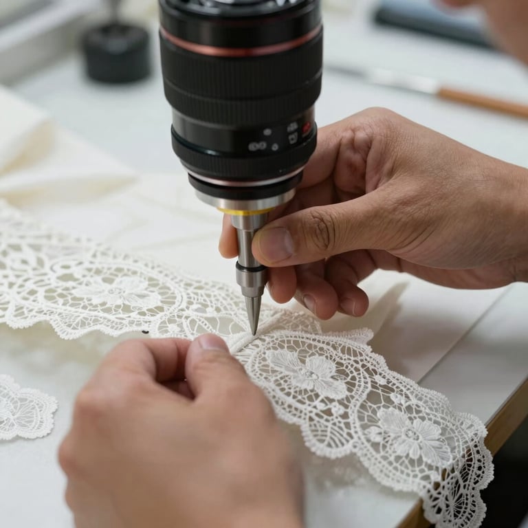 Detailed close-up of skilled hands performing precision quality control on delicate lace and silk fabrics in a brightly lit studio.