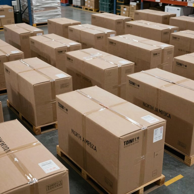 A large, organized warehouse with neatly stacked boxes prepared for international export to North American and European markets.