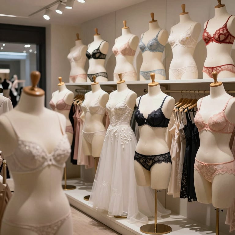 An elegant B2B showroom in North America or Europe, showcasing a diverse range of lingerie styles on mannequins, from bridal to plus-size collections.