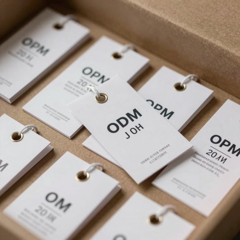 A display of premium custom packaging and private label tags, emphasizing OEM and ODM customization capabilities.