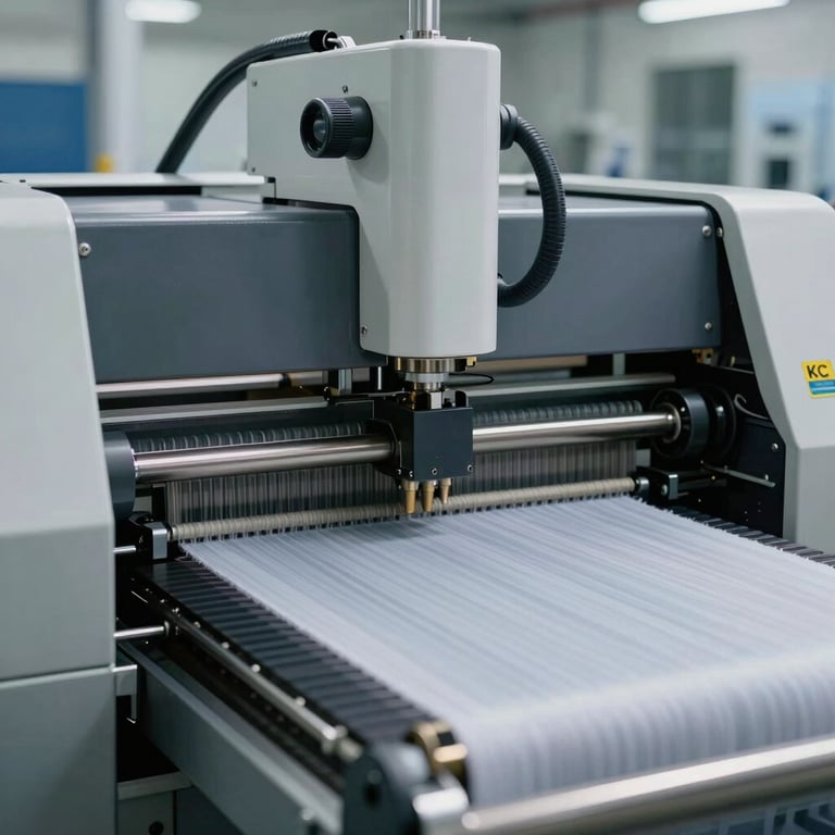 Close-up of a state-of-the-art automated fabric cutting machine in a high-tech manufacturing facility, emphasizing production efficiency.