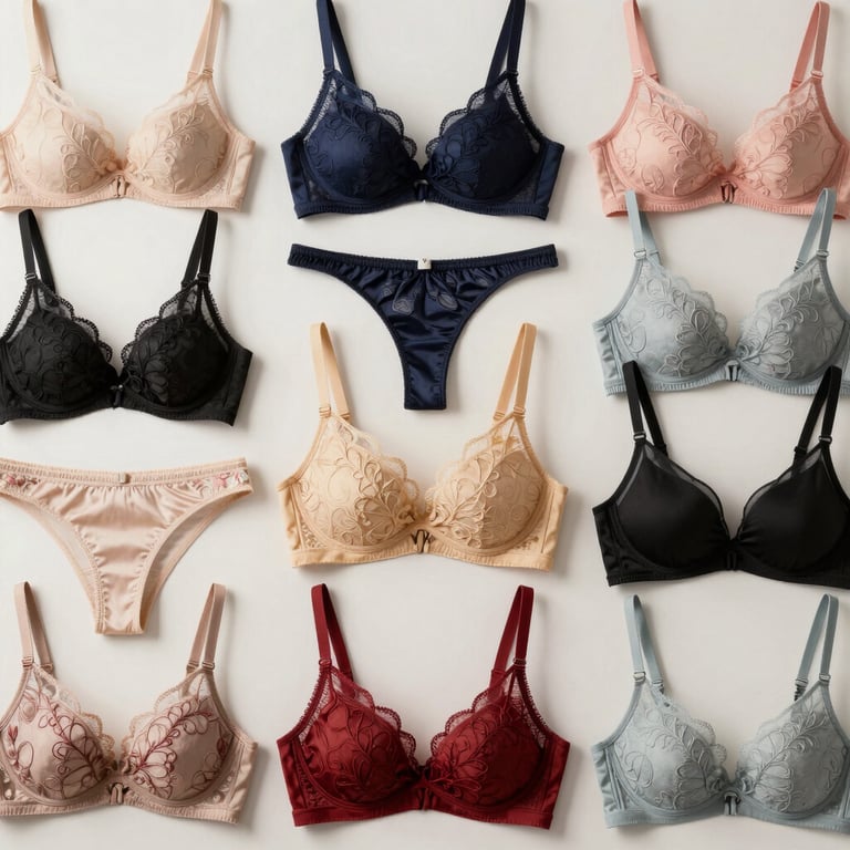 A diverse collection of high-quality lingerie samples featuring exquisite embroidery and modern design elements for the global market.