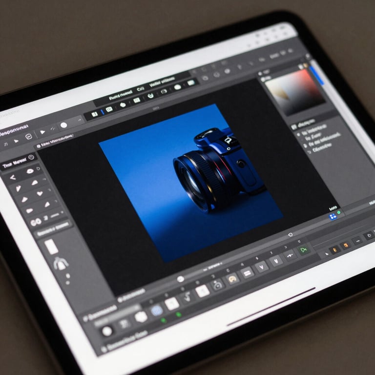 Detailed shot of a tablet displaying a professional design interface, soft shadows, royal blue accents.