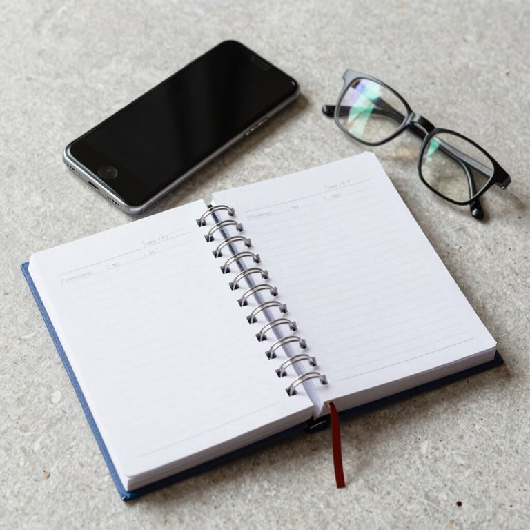 Flat lay of a professional planner, smartphone, and designer glasses on a light grey stone surface.