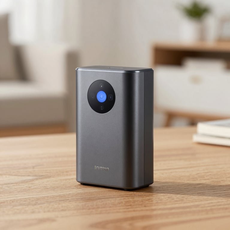 Macro shot of a high-tech smart device on a wooden table, soft-focus background of a clean living room.