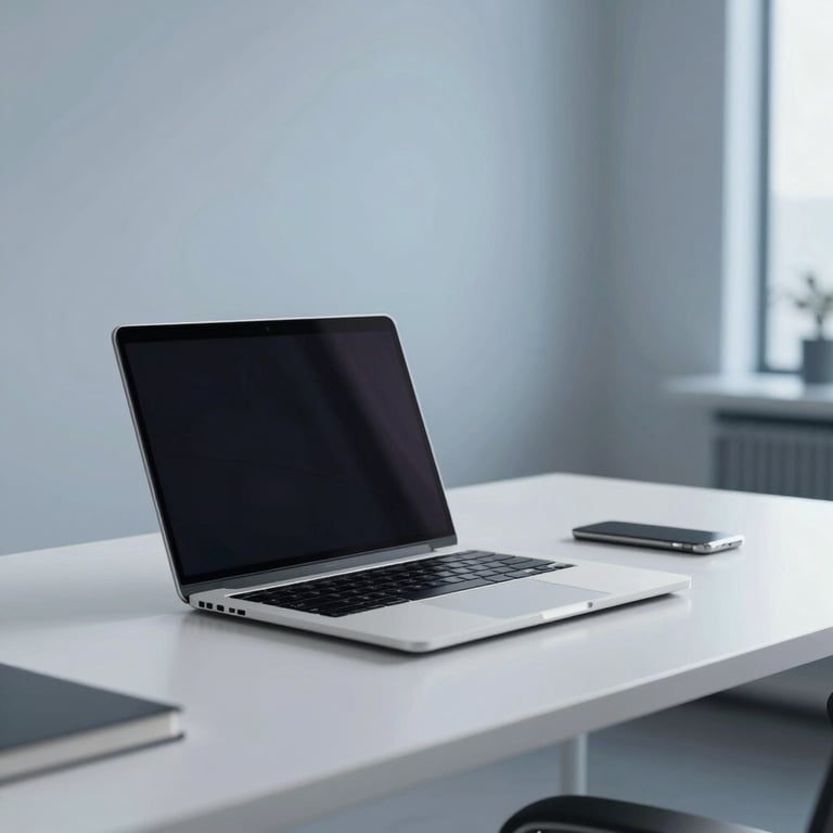 Modern minimalist workspace with a laptop on a white desk, soft blue lighting, high-end office in New York.
