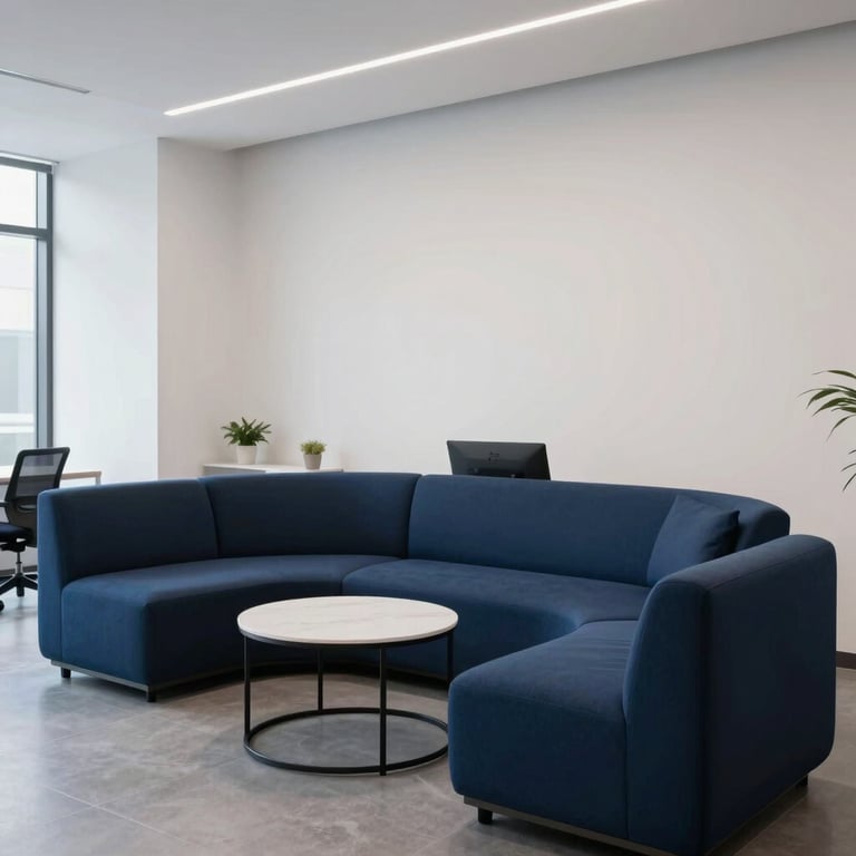 An elegant, minimalist reception area in a tech company, featuring soft white walls and navy blue furniture.