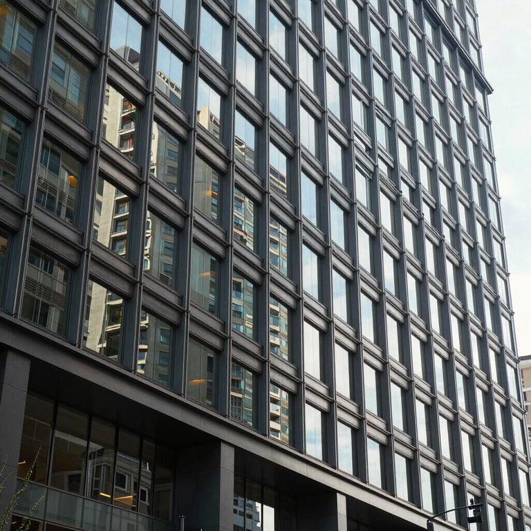 An architecturally stunning modern building facade with glass and steel, bright daylight, North American urban setting.