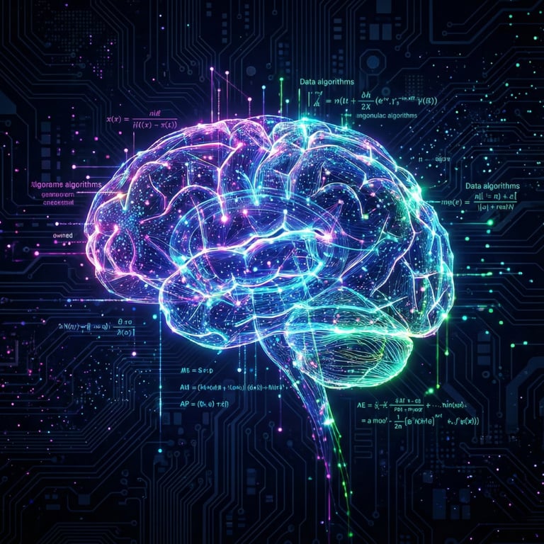 A glowing digital human brain illustration representing artificial intelligence, neural networks, and data algorithms.