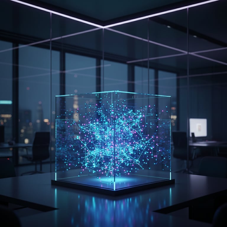 A glowing blue digital data cube representing artificial intelligence and network connectivity in a dark office.