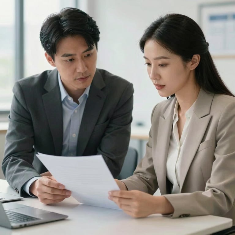 Photography of two professionals in smart attire discussing a document in a light-filled office.