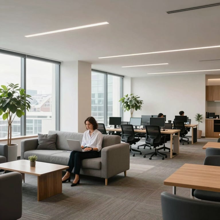 A wide shot of a bright, modern European office lounge showing a professional and calm environment.