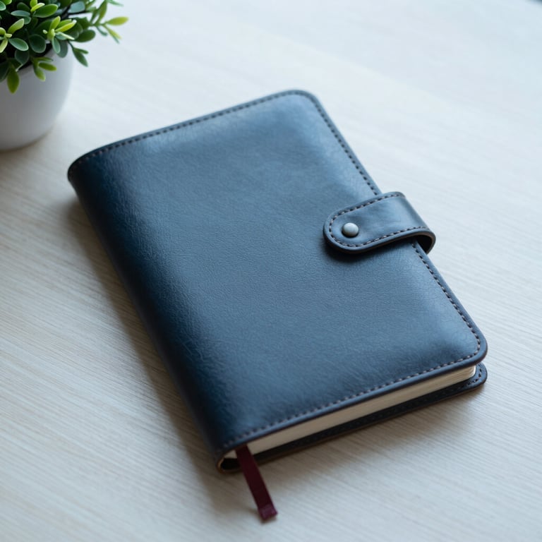 A leather-bound notebook and a simple plant on a wooden desk, soft azure white lighting.