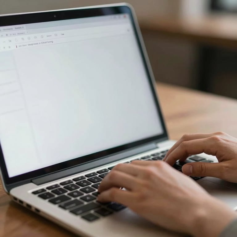 Close-up of a laptop screen showing a clean document layout, hands typing with focus.