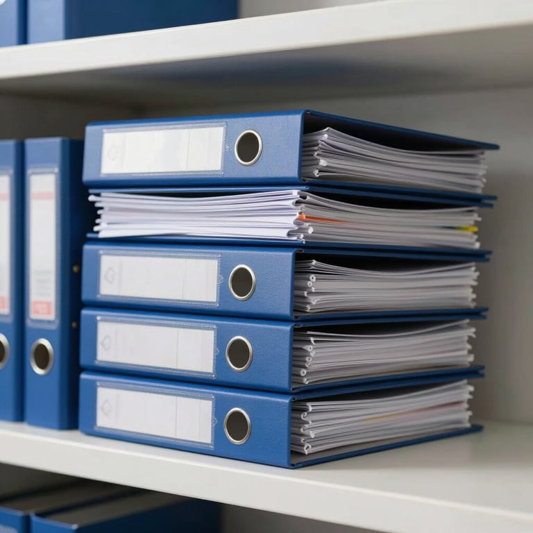 A stack of perfectly aligned document binders in steel blue on a clean white shelf.