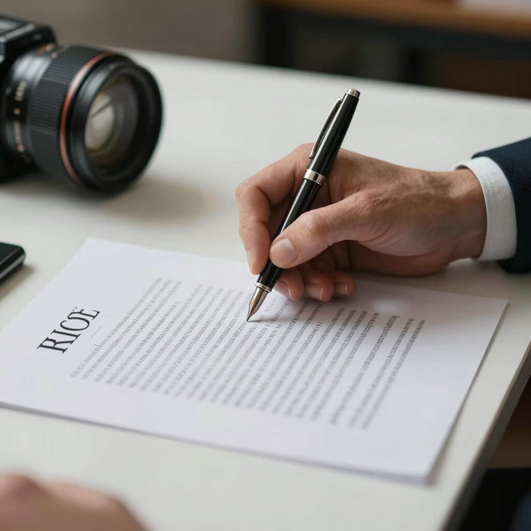 Detail of a professional hand signing a formal contract with a premium pen on a white desk in Porto.