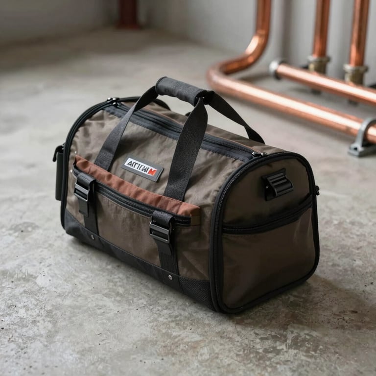 Artisan tool bag resting on a clean concrete floor next to copper pipes, professional heating installation setup, natural light