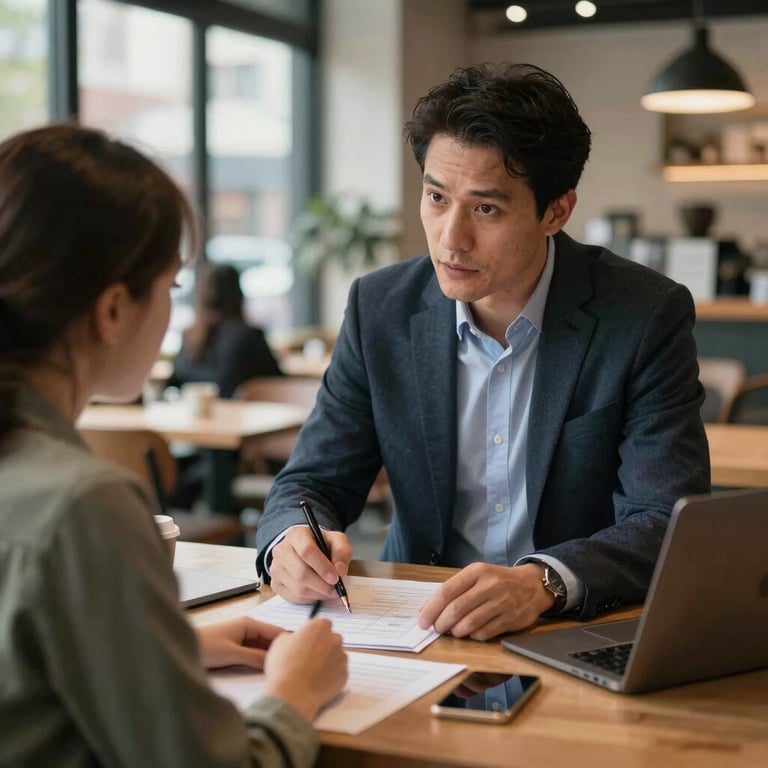 A professional mentor and student discussing a project in a modern cafe-style workspace in a US city.