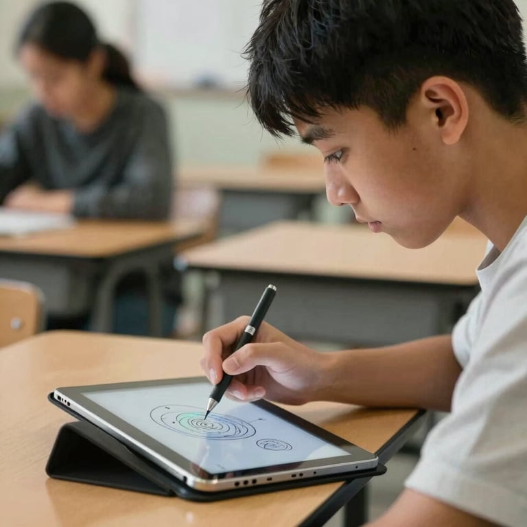 A close-up of a student in a North American classroom using a digital tablet for creative design, professional lighting.