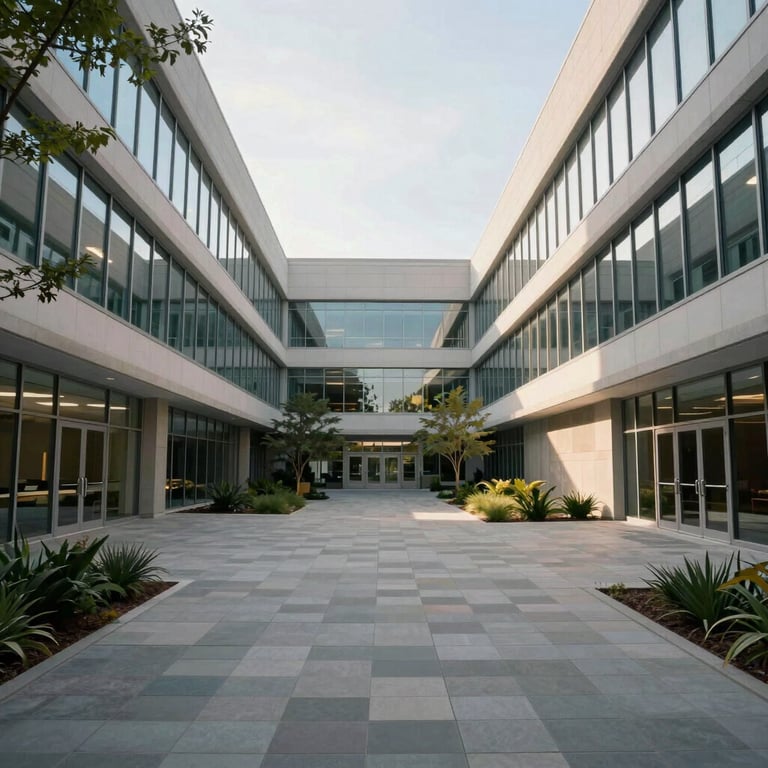 A wide-angle shot of a tech campus courtyard in North America during a bright afternoon, reflecting innovation and growth.