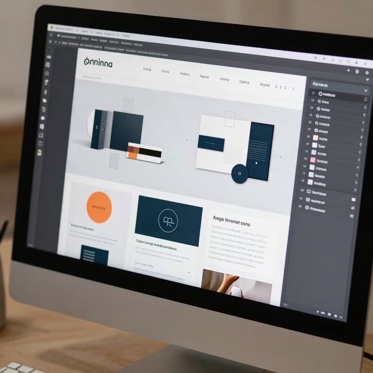 Close-up of a high-resolution computer screen displaying a modern brand identity project, clean workspace environment.