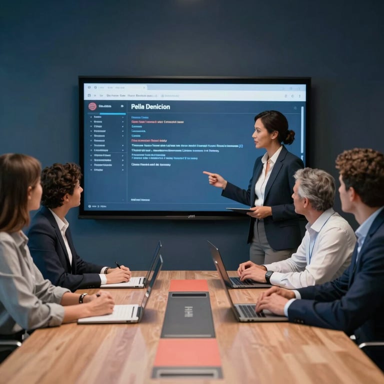 A group of diverse professionals in a sleek US boardroom, collaborating around a digital presentation with dark blue and coral accents.