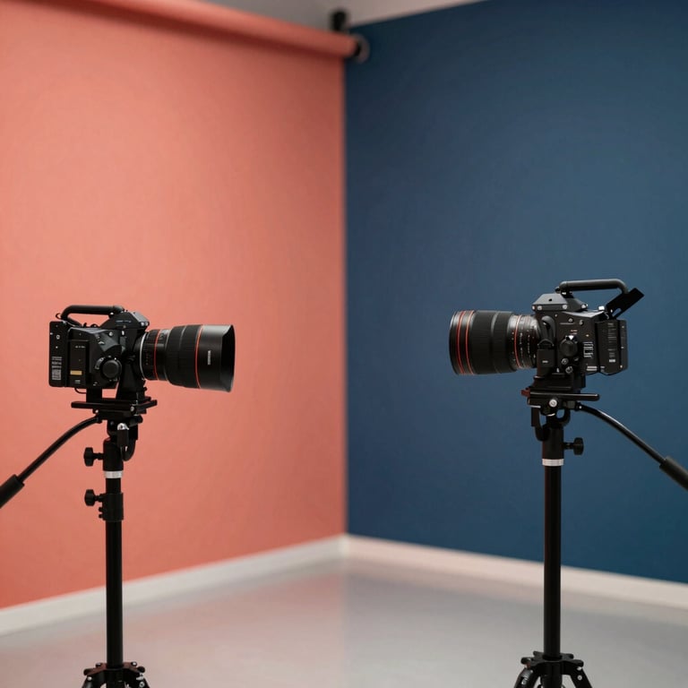 Photography of a modern studio space with vibrant coral and dark blue wall panels and professional photography gear.