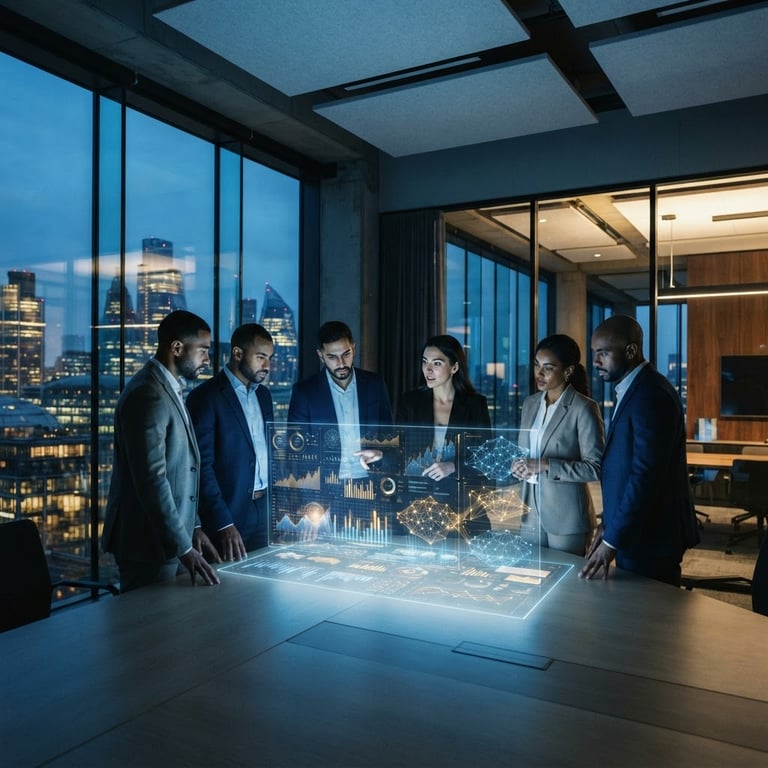 Wide shot of a modern, sleek corporate office at dusk, with digital network overlays and subtle golden light reflecting on glass surfaces. A diverse group of executives in elegant business attire are collaborating, looking towards a holographic display of financial data and AI models. Architectural lines, deep blue ambient lighting.