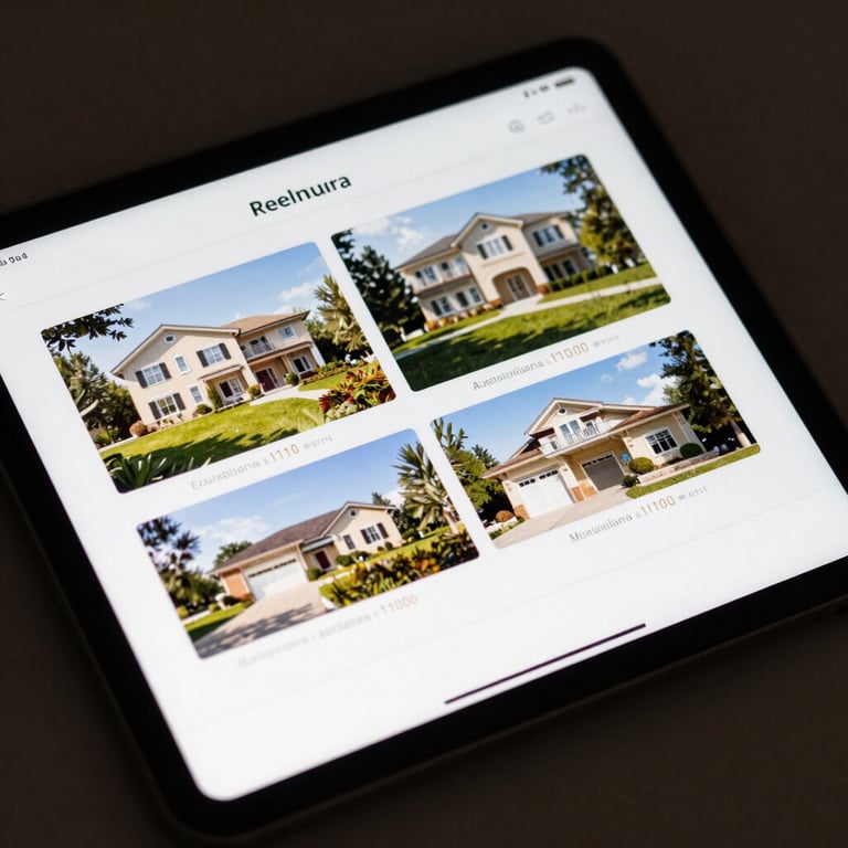 An elegant close-up of a tablet screen displaying a sleek real estate application with high-definition property imagery and a minimalist interface.