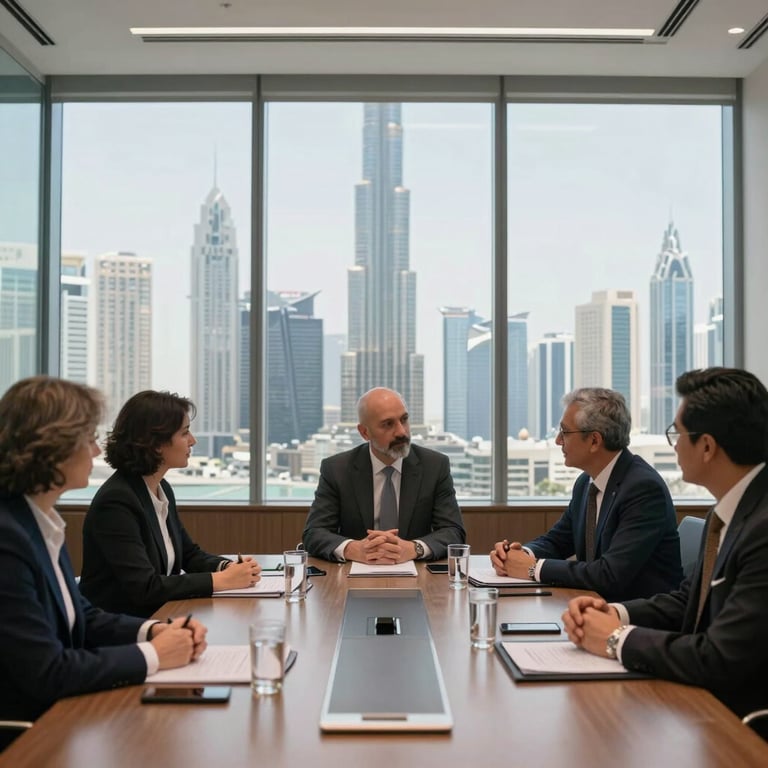 A sophisticated meeting room in a luxury Dubai skyscraper with panoramic city views, featuring people in professional attire engaged in a creative strategy session.