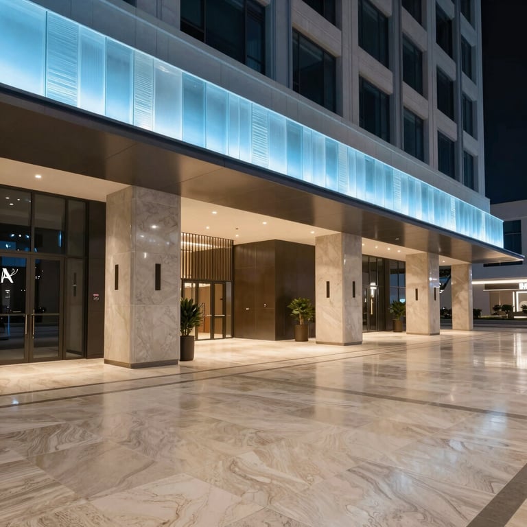 A high-fashion shot of a modern lobby in a commercial building in Dubai, featuring polished stone floors and refined ice blue lighting accents.