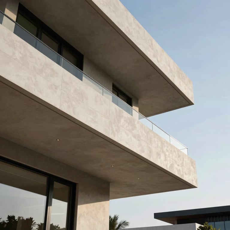 Modern architectural detail of a luxury villa in Dubai, showing sharp clean lines and premium materials under a clear bright sky.