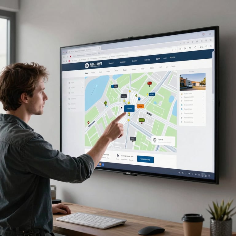 A professional designer in a modern studio pointing at a large wall-mounted screen displaying a complex but intuitive site map for a real estate portal.