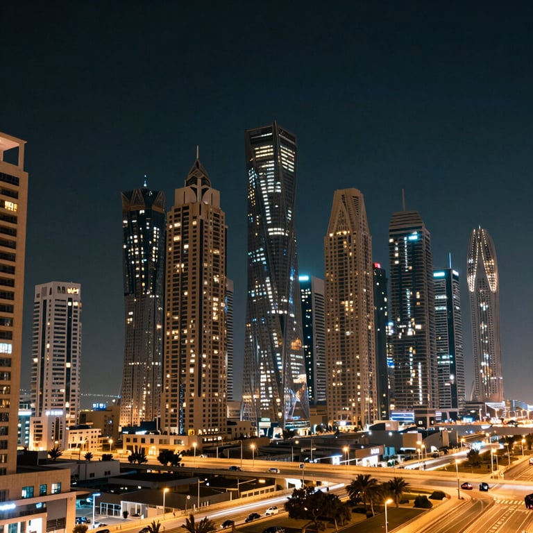 A cinematic night view of the Dubai Marina skyline, emphasizing the glowing lights and sophisticated urban atmosphere of the region.