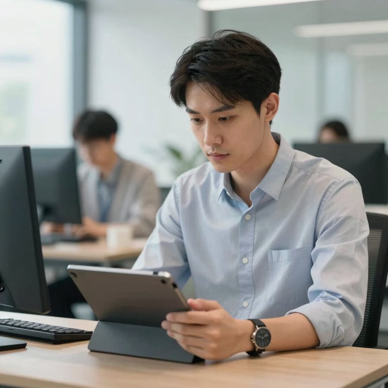 A professional IT specialist in a clean, modern office setting using a tablet.