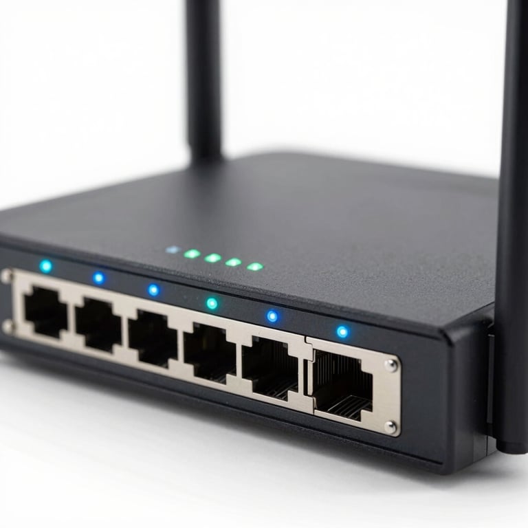 Close-up of a high-speed network router with glowing indicator lights.