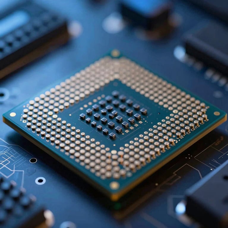 Macro shot of a CPU with subtle blue lighting, representing power and precision.