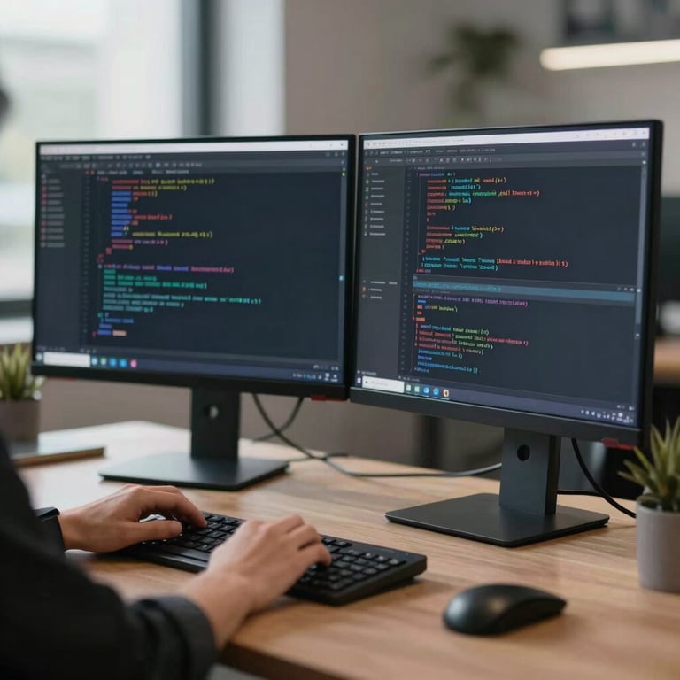 A modern workspace with dual monitors showing code and system monitoring tools.
