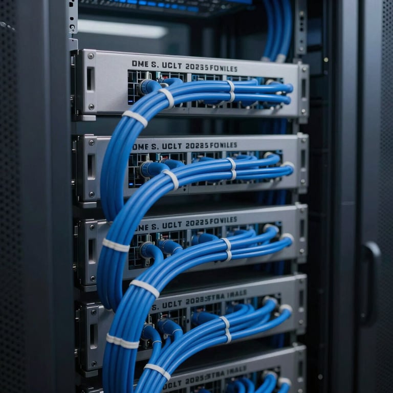 A tidy server rack with organized blue cables, soft tech lighting, professional atmosphere.