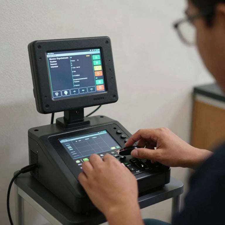 Técnico especializado utilizando geofone digital em parede interna de residência, iluminação focada, close-up das mãos operando o painel digital do equipamento técnico.