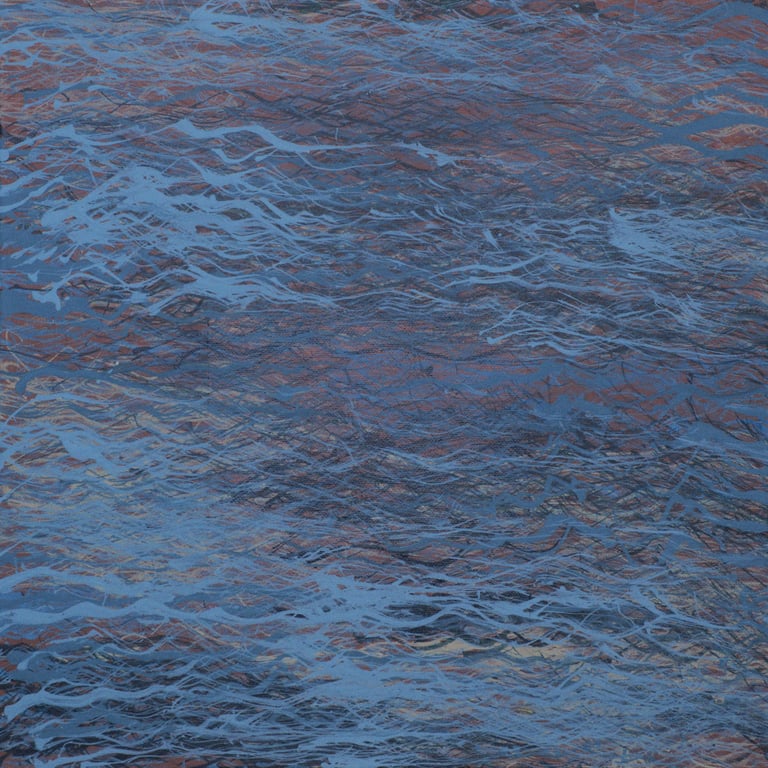 Abstract oil painting featuring blue and brown expressive brushstrokes creating a wavy, textured water pattern.