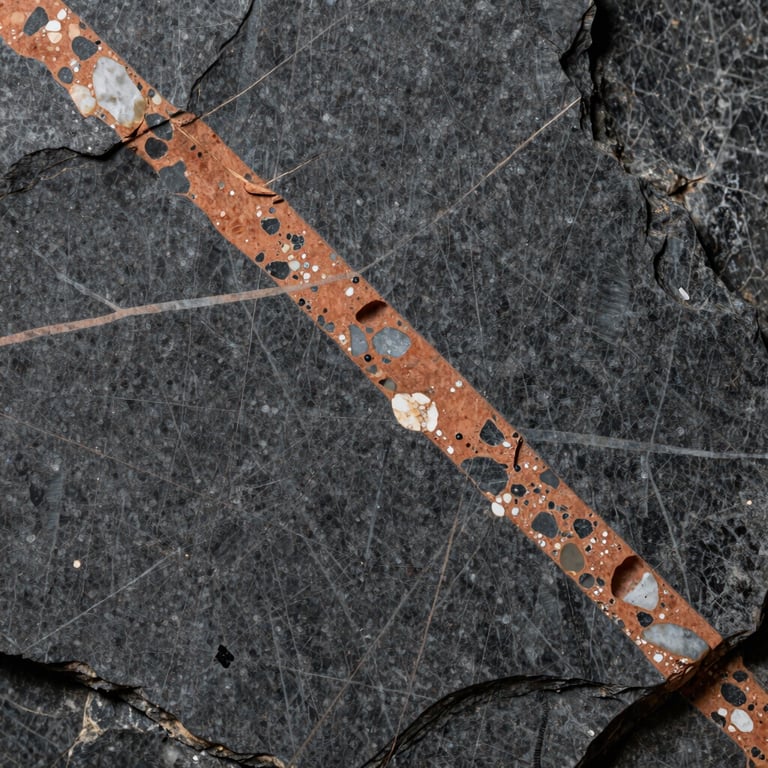 Extreme macro shot of natural stone veining, high-contrast directional lighting emphasizing the matte crystalline texture of raw slate and terracotta quartzite.