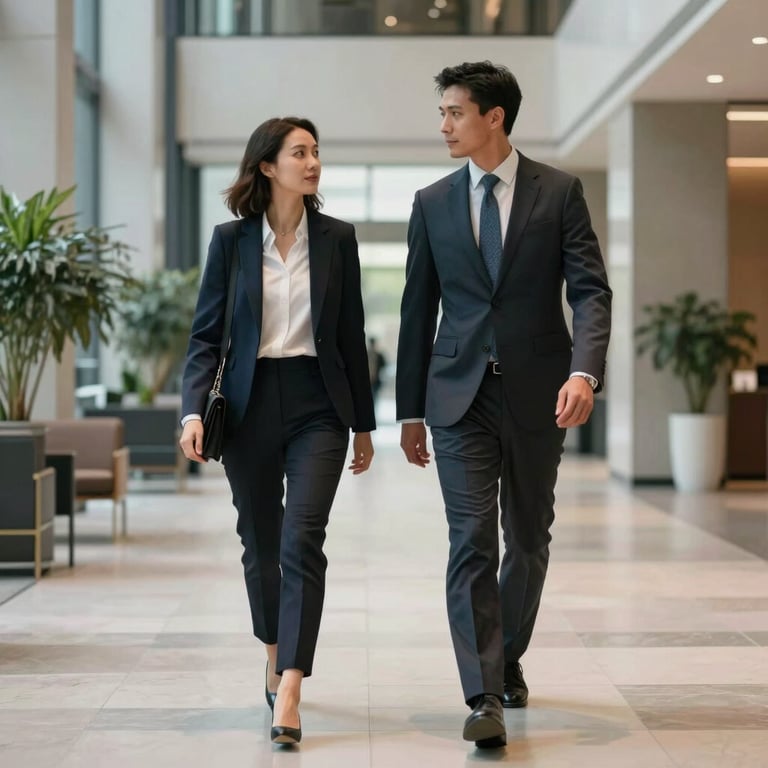 Two professionals in business attire walking through a modern, airy lobby in a North American city, conveying a sense of progress and reliable partnership.
