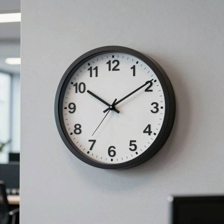 A minimalist clock on a light gray office wall, representing the value of time and long-term financial planning in a professional environment.