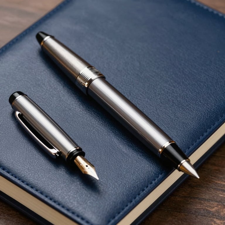 A detailed shot of a high-quality fountain pen resting on a dark navy blue leather journal in a professional North American setting.