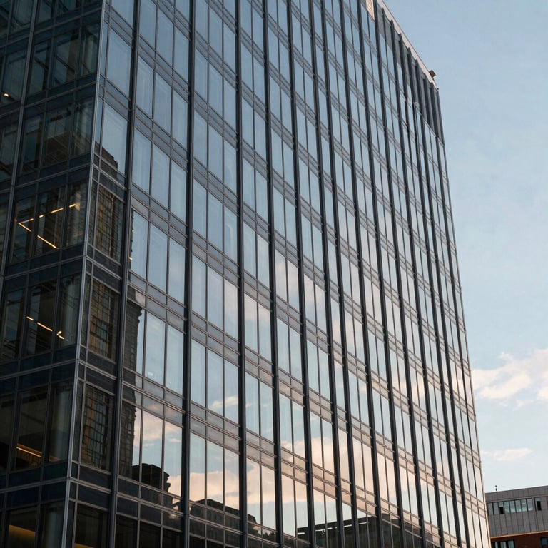 The modern glass exterior of a financial building in Washington, reflecting the light blue and gray tones of the afternoon sky.
