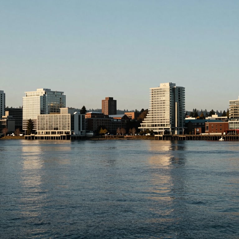 A peaceful morning view of the Kirkland, Washington waterfront, showing calm blue waters and professional architecture under a clear light gray sky.