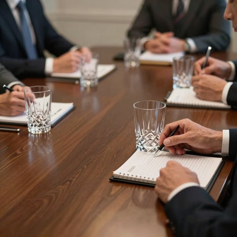 A sophisticated North American boardroom table with several crystal glasses and a notepad, prepared for a serious financial consultation.
