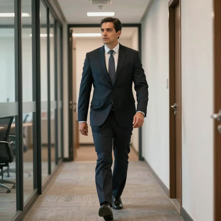 A candid shot of a professional lawyer walking through a modern office corridor, reflecting confidence and authority in a clean South American setting.